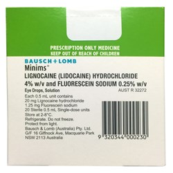 Minims Lignocaine (Lidocaine) HCL/FLU 4% Plus 0.25% Drops SM Minims for NON Metropolitan Deliveries are SHIPPED SEPARATELY