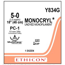 Sutures Monocryl 5/0 PC-1 13mm 3/8 Cutting 45cm Undyed