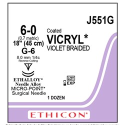 Sutures Vicryl Ethicon 6/0 2xG-6 8mm 3/8 MP RC 45cm Violet