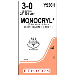 Sutures Monocryl 3/0 PS-1 24mm 3/8 Prec RC 70cm Undyed
