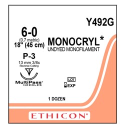 Sutures Monocryl 6/0 P-3 13mm 3/8 Prec RC 45cm Undyed
