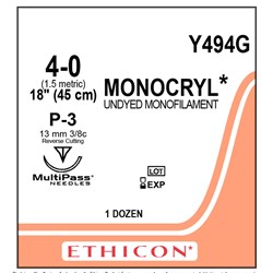 Sutures Monocryl 4/0 P-3 13mm 3/8 Prec RC 45cm Undyed