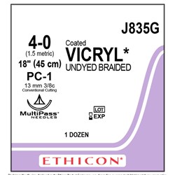 Sutures Vicryl Ethicon 4/0 PC-1 13mm 3/8 Cutting 45cm Undyed