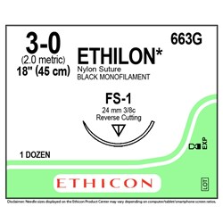 Sutures Ethilon Nylon 3/0 FS-1 24mm 3/8 RC 45cm Black BOX12
