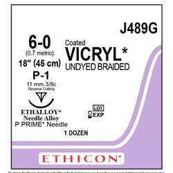 Sutures Vicryl Ethicon 6/0 P-1 10.5mm 3/8 Prec RC 45cm Und BOX12