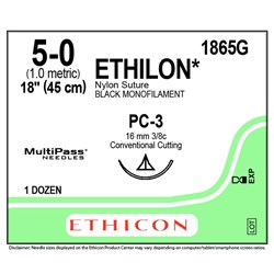 Sutures Ethilon Nylon 5/0 PC-3 16mm 3/8 Cutting 45cm Black BOX12