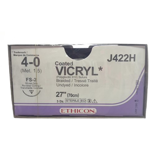 Sutures Vicryl Ethicon 4/0 FS-2 19mm 3/8 RC 70cm Undyed