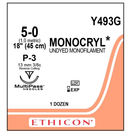 Sutures Monocryl 5/0 P-3 13mm 3/8 Prec RC 45cm Undyed