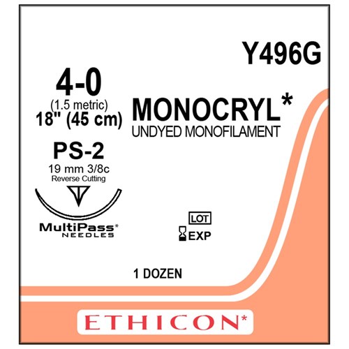 Sutures Monocryl 4/0 PS-2 19mm 3/8 Prec RC 45cm Undyed