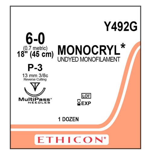 Sutures Monocryl 6/0 P-3 13mm 3/8 Prec RC 45cm Undyed