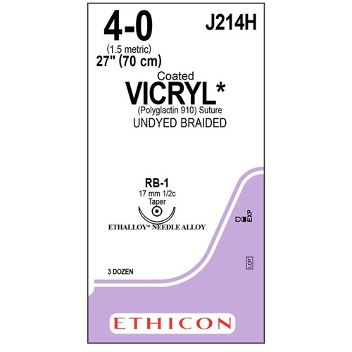 Sutures Vicryl Plus Ethicon 4/0 RB-1 17mm 1/2 Taper 70cm Undyed