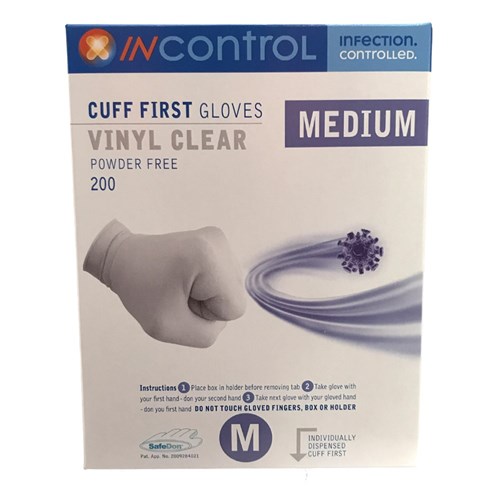 InControl Cuff First Clear Vinyl Gloves P/Free Medium BOX200