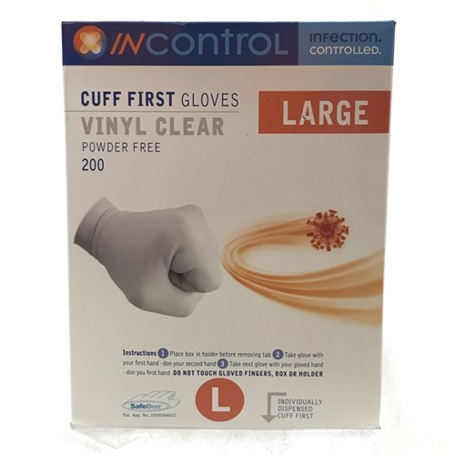 InControl Cuff First Clear Vinyl Gloves P/Free Large BOX200