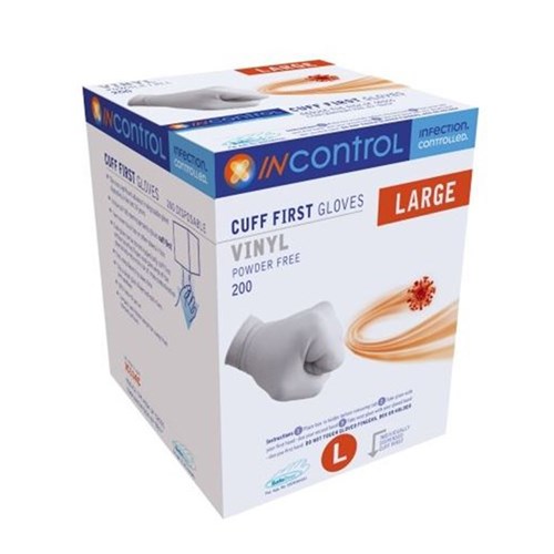 InControl Cuff First Clear Vinyl Gloves P/Free Large BOX200
