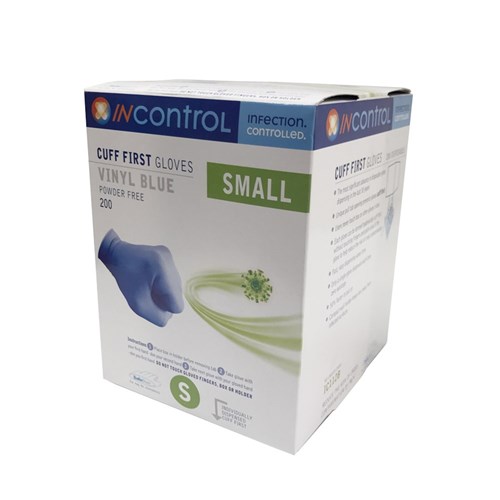InControl Cuff First Blue Vinyl Gloves P/Free Small B200