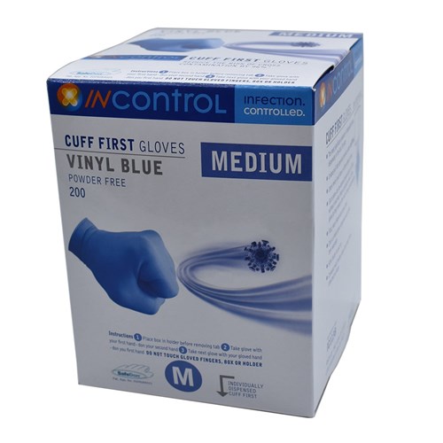 InControl Cuff First Blue Vinyl Gloves P/Free Medium BOX200