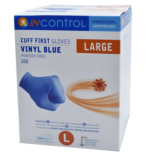 InControl Cuff First Blue Vinyl Gloves P/Free Large B200