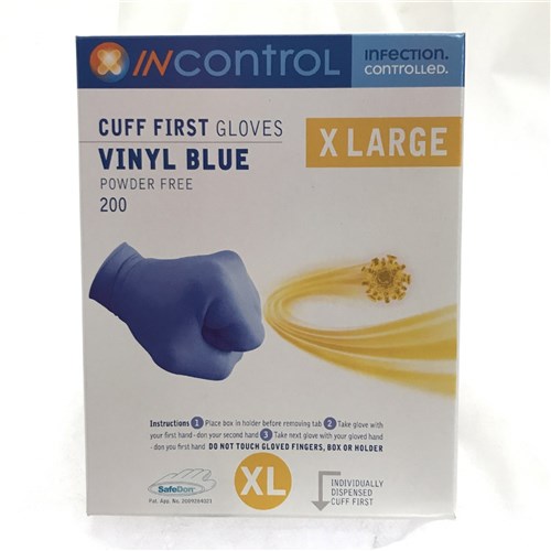 InControl Cuff First Blue Vinyl Gloves P/Free X-Large B200