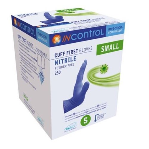 InControl Cuff First Blue Nitrile Ultra Gloves P/F Sml B250