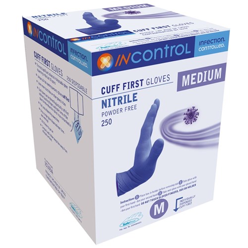InControl Cuff First Blue Nitrile Ultra Gloves P/F Med B250